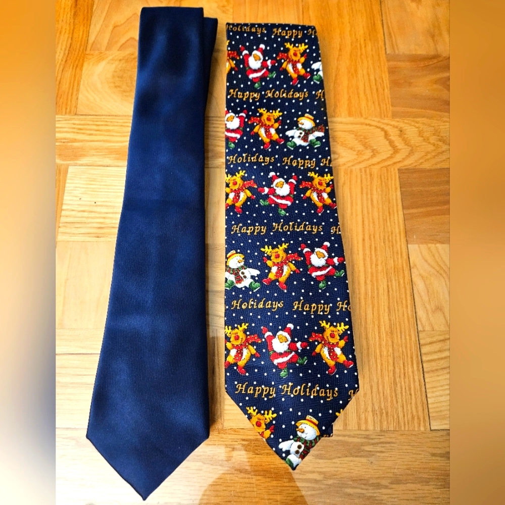 Set of 2 Ties - Solid Blue and Happy Holidays/Christmas Ties